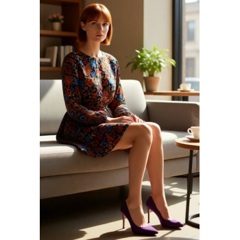 Çok Renkli Çiçekli Kadın Mini Elbise Kuşak Detaylı Uzun Balon Kollu Bisiklet Yaka Skater Kalıp