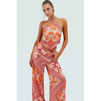 Çok Şal Desenli Saten Plaj Takımı Bluz ve Boru Paça Pantolon Mükemmel Uyum Premium Kalite