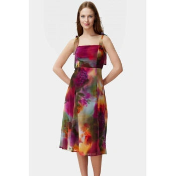 Çok Soyut Desenli A line Midi Şifon Elbise Profesyonel Görünüm Zarifane Tasarım