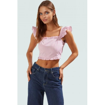 Cool & Comfort Yazlık Crop Bluz Terrycotton Pötikare Kare Yaka Dayanıklı Malzeme
