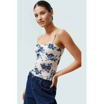 Crop Bluz Çiçek Desenli İnce Askılı Örme Polyester Yazlık Modern Stil Rahat Kullanım