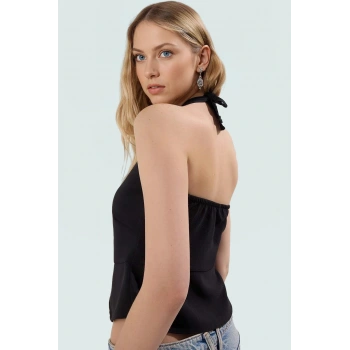 Crop Bluz V Yaka Kolsuz Fitted Polyester Elastan Karışım Trend Tasarım Özel