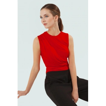 Crop Viskoz Bluz Büzgü Detaylı Bisiklet Yaka Fitted Dayanıklı Malzeme Uzun Ömürlü