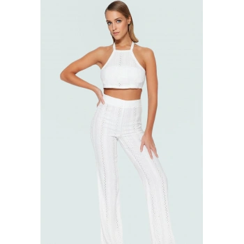 Dantel Detaylı Halter Yaka Crop Bluz ve Geniş Paça Pantolon Plaj Takımı Özel Tasarım