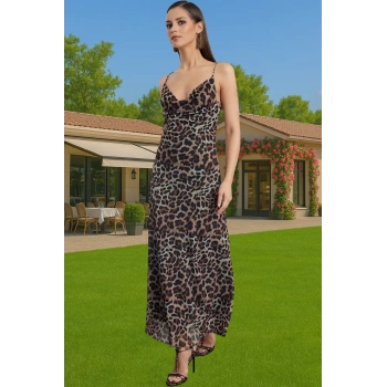 Degaje Yaka Midi Boy Tül Abiye Elbise Leopar Desenli Bodycon Rahat Kullanım Zarifane Tasarım