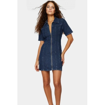 Denim Fermuarlı Mini Elbise Bodycon Kalıp 99 Pamuk Rahat Günlük Stil Özenle Seçilmiş Seçkin Malzeme