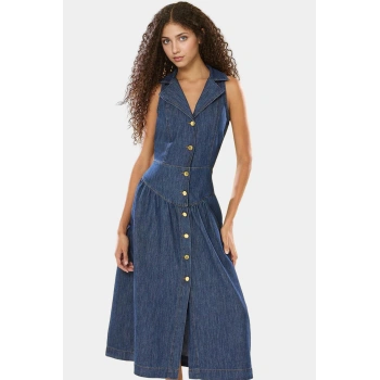 Denim Midi Elbise Gömlek Yaka Pamuk Casual Günlük Kullanım İçin Kaliteli İşçilik
