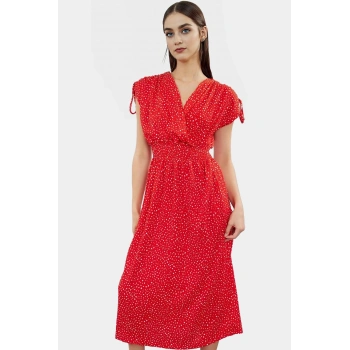 Desenli Midi Elbise Yazlık Rahat Polyester Kruvaze Beli Lastikli Kullanım