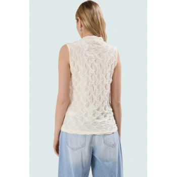 Dik Yaka Kolsuz Bluz Regular Kalıp Gofre Dokuma Polyester Yazlık Yüksek Kalite