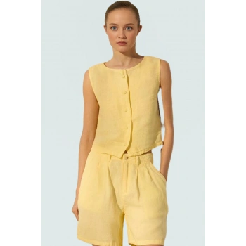 Dokuma Keten Bluz Kolsuz Crop Regular Günlük Kombin Dayanıklı Malzeme Şık Görünüm Modern Stil