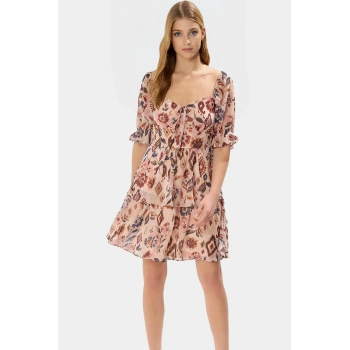 Dokuma Mini Elbise Çiçekli Desen Kısa Kol Astarlı Gipeli Seçkin Malzeme Trend Tasarım