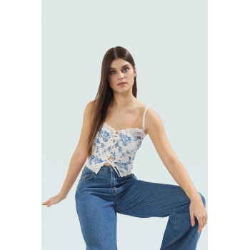 Dokuma Pamuk Crop Bluz Çiçek Desenli Kare Yaka Fitted Kalıp Yazlık Yüksek Kalite Uzun Ömürlü