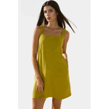 Dokuma Pamuk Keten Mini Elbise A Line Kalıp Kolsuz Gipeli Yazlık Kaliteli İşçilik