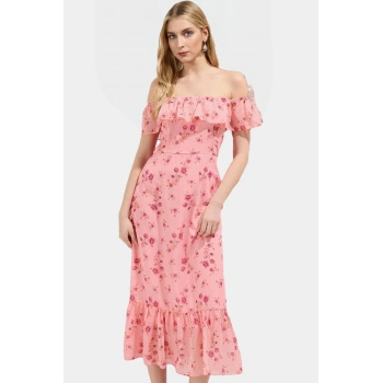 Dokuma Polyester Midi Elbise Belden Açılan Etek Çiçek Desenli Carmen Yaka Günlük Kullanım İçin