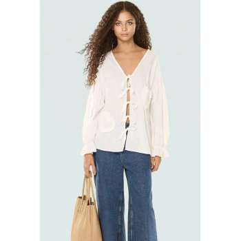 Dokuma Terrycotton Bluz V Yaka Uzun Kollu Oversize Kalıp Ömürlü Rahat Ve Şık