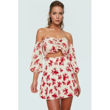 Dokuma Viskoz Bluz Etek Takım Şal Desenli Yazlık Kombin Zarifane Tasarım Günlük Kullanım İçin