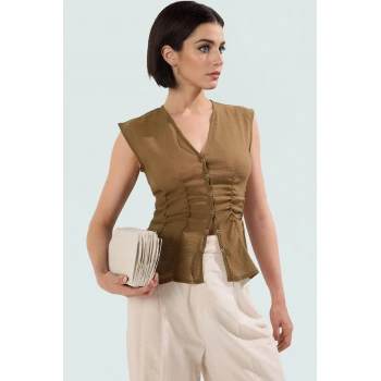 Dokuma Viskoz Bluz V Yaka Fitted Kolsuz Yazlık Rahat Yüksek Kalite Dayanıklı Malzeme