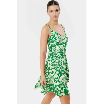 Dokuma Viskoz Mini Elbise V Yaka Skater Kalıp Çiçek Desenli Yazlık Kaliteli İşçilik Uzun Ömürlü