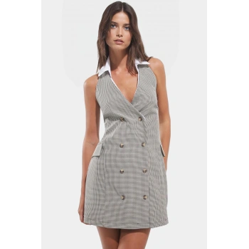 Ekose Polyester Mini Ceket Elbise Gömlek Yaka Yazlık Premium Kalite Profesyonel Görünüm