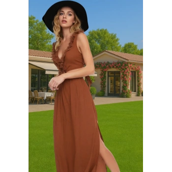 Ekru Viskoz Maxi Elbise Cut Out Detaylı Plaj Elbisesi Dayanıklı Malzeme Uzun Ömürlü Şık Görünüm