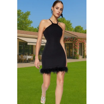 Elbise Bodycon Mini Abiye Tüy Detaylı Finike Dokuma Polyester Yazlık Yüksek Kalite Özenle Seçilmiş