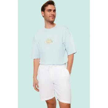 Erkek Bağcıklı Şort Pamuk Keten Görünümlü Dokuma Kumaş Rahat Günlük Spor Şık Modern Tasarım