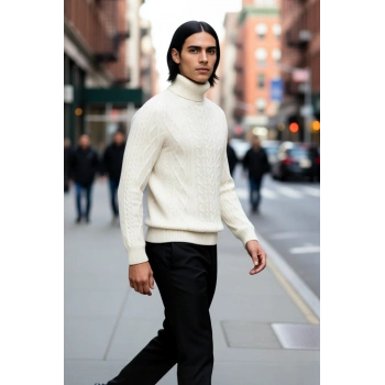 Erkek Balıkçı Yaka Fitted Kalıp Saç Örgü Desenli Kalın Triko Standart Kollu Günlük Kazak Kaliteli