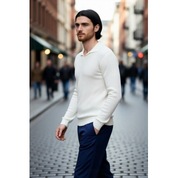 Erkek Basic Fitted Polo Yaka Uzun Kollu İnce Triko Kazak Casual Tarzı Tamamlayan Şıklık Kaliteli