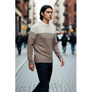 Erkek Basic Kesim Bisiklet Yaka Uzun Kol Renk Bloklu Akrilik Triko Kazak Kış Kombinlerine Özel