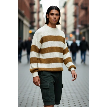 Erkek Basic Koleksiyon Uzun Kollu Rahat Çizgili Bisiklet Yaka Akrilik Oversize Triko Kazak