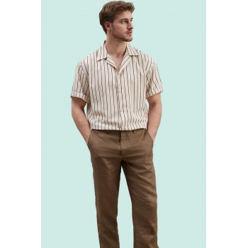 Erkek Basic Oversize Keten Karışımlı Gömlek Çizgili Apaş Yaka Rahat Günlük Kaliteli Malzeme