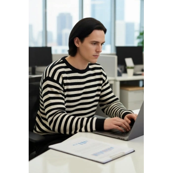 Erkek Basic Rahat Oversize Kalıp Çizgili Bisiklet Yaka Triko Kazak Uzun Kollu Fitilli Tasarım