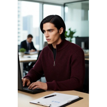 Erkek Basic Regular Fit Fermuarlı Dik Yaka Selanik Örgü Triko Kazak Günlük Stilinize Modern Dokunuş.