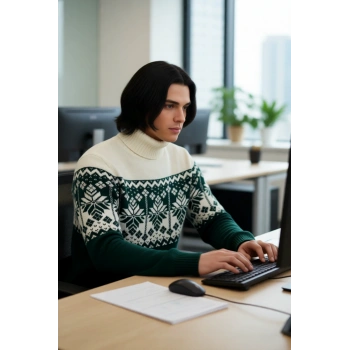 Erkek Basic Siluet Balıkçı Yaka Regular Kalıp Etnik Desenli Uzun Kollu Triko Kazak Günlük Giyimde