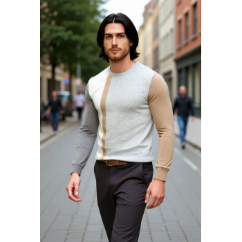 Erkek Basic Siluet Bisiklet Yaka Renk Bloklu Uzun Kollu Fitted Kalıp İntersia Triko Kazak Kaliteli