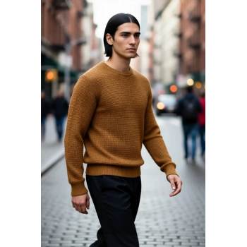 Erkek Basic Siluet Regular Kalıp Bisiklet Yaka Dokulu Triko Kazak Kışın Günlük Şıklığı Kaliteli