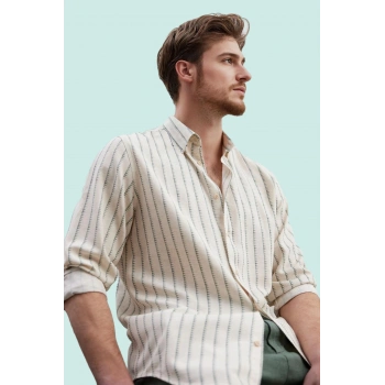 Erkek Basic Siluet Uzun Kollu Çizgili Gömlek Keten Karışımlı Rahat Günlük Kombinler Hafta Sonu