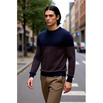 Erkek Bisiklet Yaka Çizgili Triko Kazak Slim Fit Kesimiyle Günlük Stilinize Şıklık Katıyor