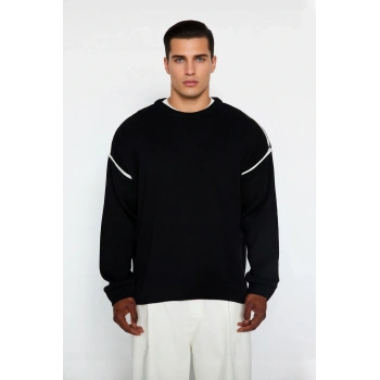 Erkek Büyük Beden Oversize Fit Bisiklet Yaka Biye Detaylı Düşük Kol Triko Kazak Kış Sezonu İçin