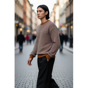 Erkek Casual Bisiklet Yaka Çizgili Dokuma Akrilik Kazak Günlük Kullanım İçin İdeal Uzun Kollu