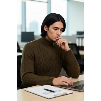 Erkek Casual Uzun Kollu Saç Örgü Desenli Fermuarlı Dik Yaka Regular Kalıp Triko Kazak Kaliteli