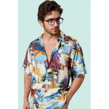 Erkek Çok Baskılı Salaş Gömlek Viskoz Yaz Aylarının Vazgeçilmezi Günlük Kullanım Hafta Sonu