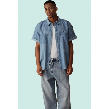 Erkek Denim Gömlek Pamuk Kısa Kollu Günlük Casual Basic Kalıp Hafta Sonu Dayanıklı Malzeme