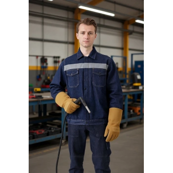 Erkek Denim ISG Mont Koyu Reflektör Detaylı CE Tulipa Kot İş Güvenliği Reflektörlü Ceket