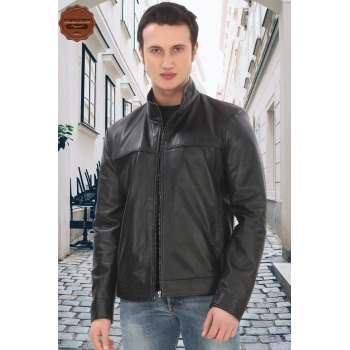 Hakiki Kuzu Derisi Dik Yaka Ceket Siyah Fermuarlı Şık El Yapımı Derimont Günlük