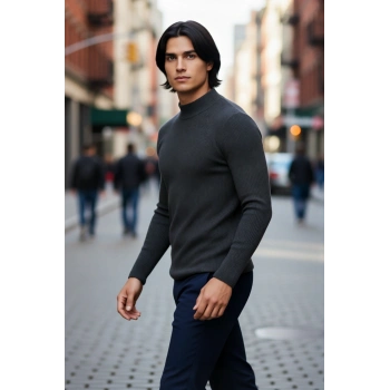 Erkek Dik Yaka Uzun Kol Fitilli Dar Kalıp Triko Kazak Kış Sezonu İçin Modern ve Konforlu Stil