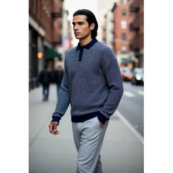 Erkek Dokulu Regular Kalıp Polo Yaka Akrilik Triko Kazak Kış Aylarında Günlük Şıklık Sunar