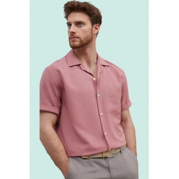 Erkek Düz Desen Apaş Yaka Kısa Kollu Regular Fit Gömlek Keten Karışımlı Nefes Alabilir Kumaş
