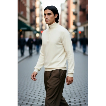 Erkek Düz Desen Regular Fit Fermuarlı Yarım Balıkçı Yaka Triko Kazak Kışlık Rahat Giyim Kaliteli