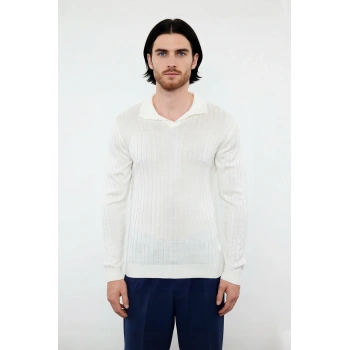 Erkek Ekru Fitted Polo Yaka Uzun Kollu İnce Triko Kazak Basic Şık Günlük Kombinler İçin İdeal